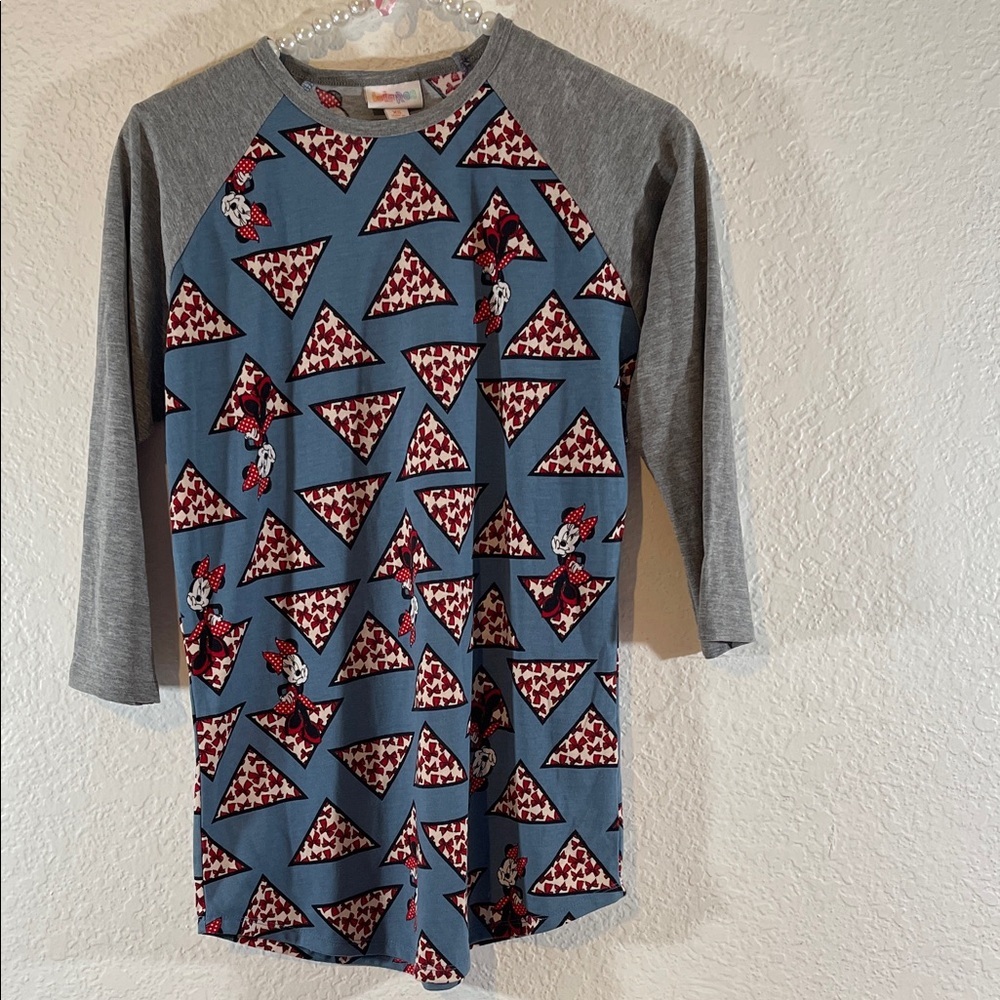 LulaRoe DISNEY sz. XS Randy T Shirt Minnie Mouse Pattern Baseball Tee 3/4 Sleeve